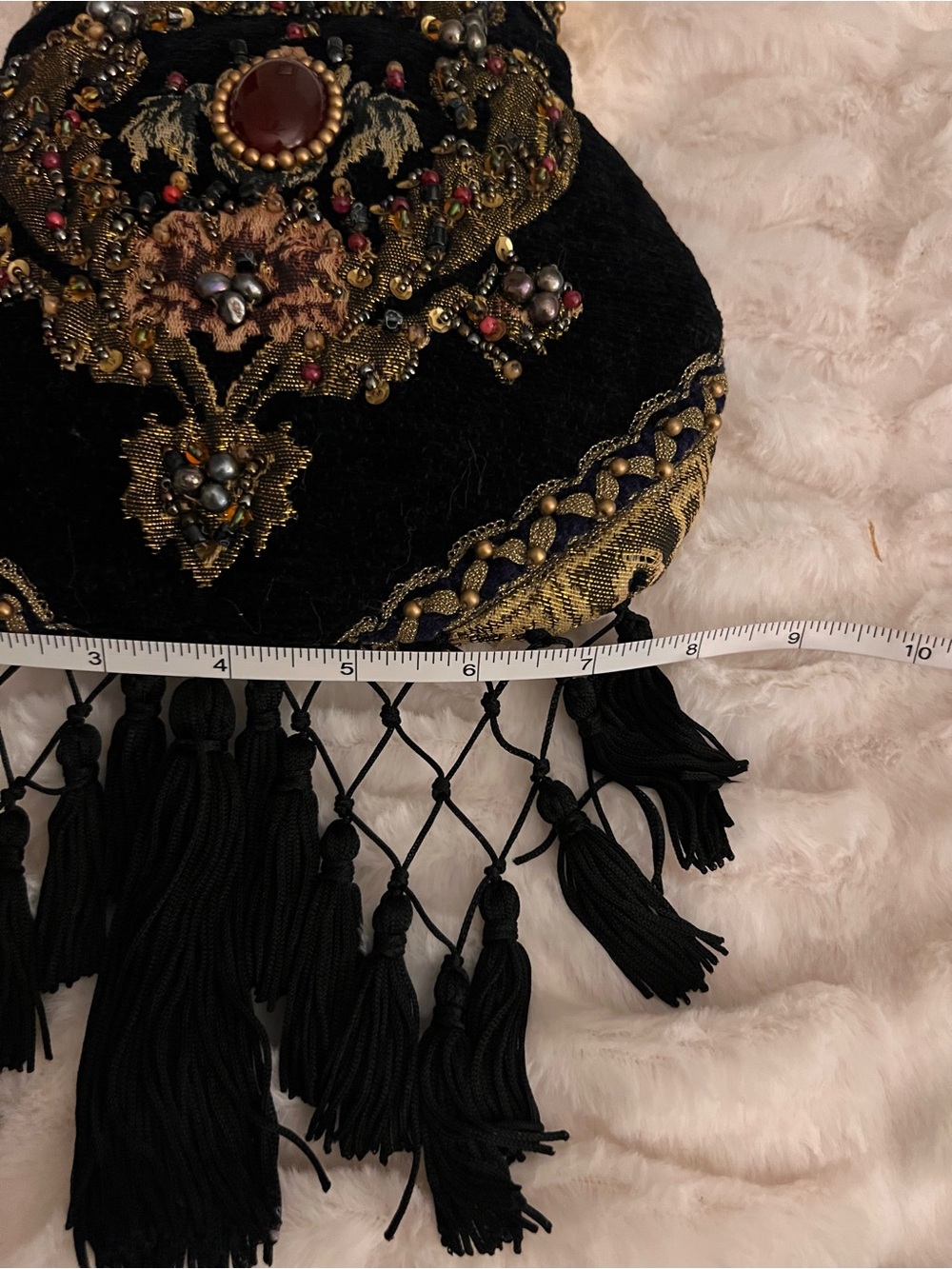 Vintage Victorian Art Deco Mary Frances Black Embroidered Fringe Evening Bag - Picture 9 of 15